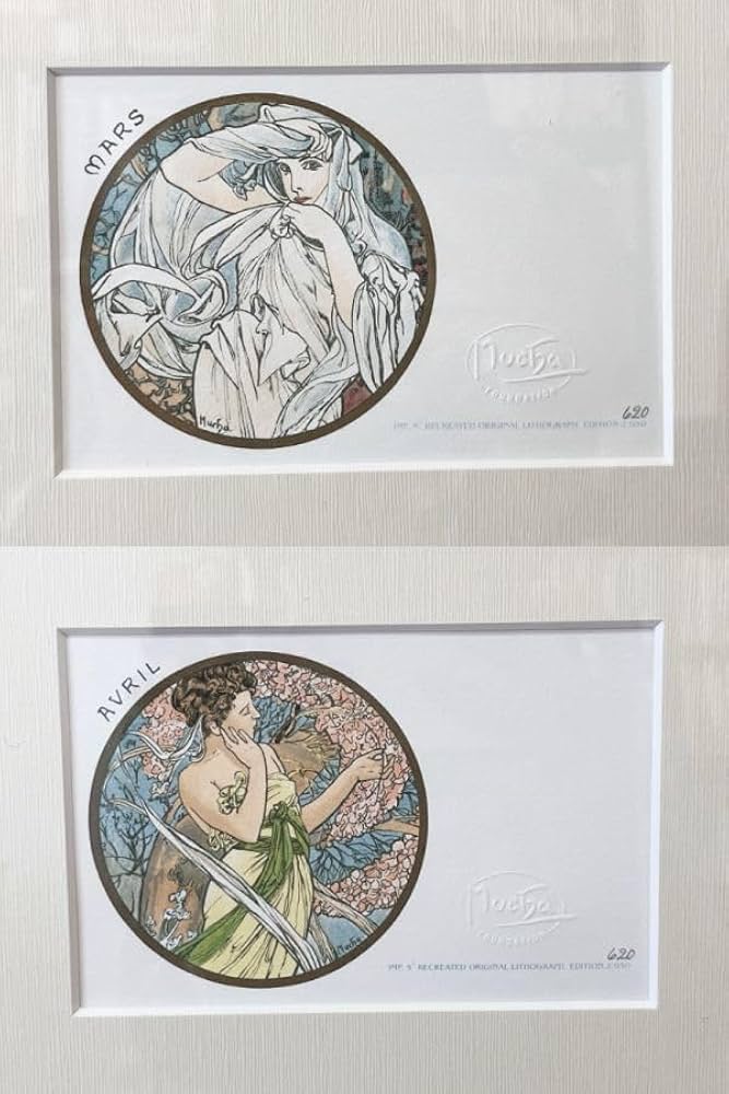 【証明書付ミュシャ財団認定公式リトグラフ】ミュシャ　アートカード年暦　美品　送込 楽天市場】アルフォンス ミュシャ アートカード6月 オリジナル